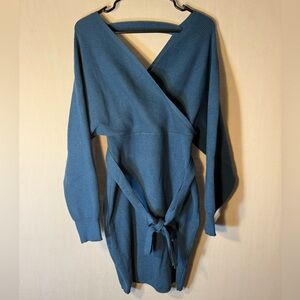 NOVA Blue Knit Wrap Belted Sweater V-Neck Long Sleeve Solid L